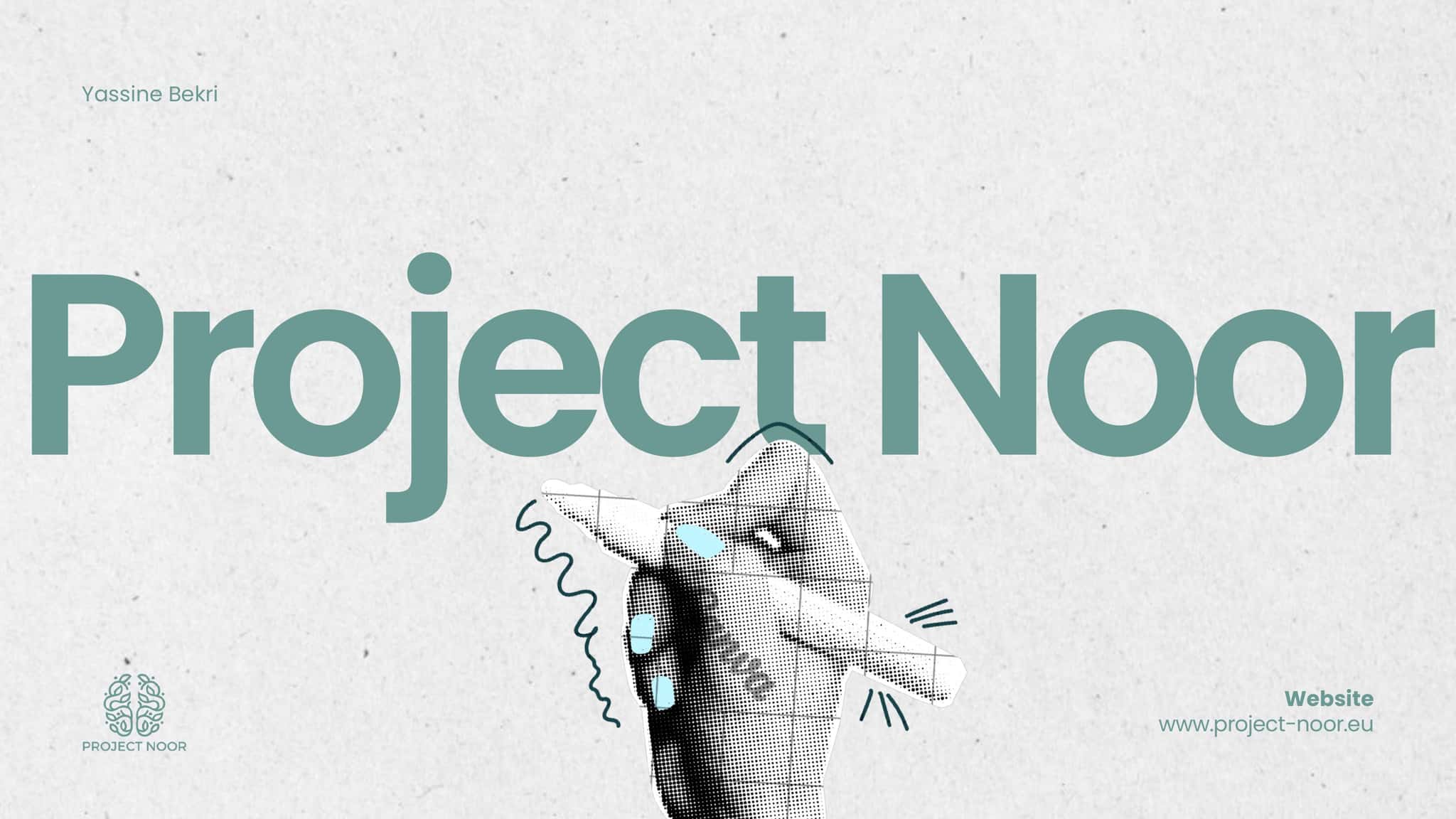 Folie 1: Titelfolie, „Project Noor“ in großer Schrift, daneben die Zeichnung einer Hand mit Stift; unten links die Wortmarke, rechts die Website-Adresse.